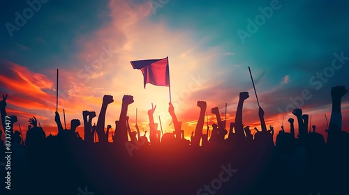 Vibrant sunset silhouette of a crowd with flags, symbolizing unity and protest