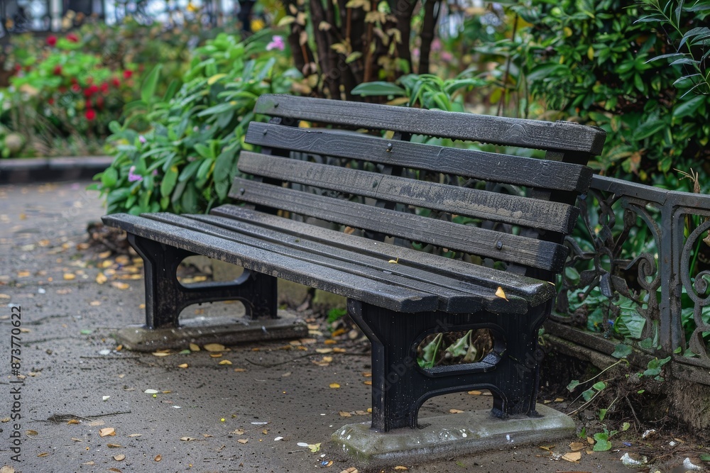 bench in the park with fallen leaves and green plants in the background bench in the park with fallen leaves and green plants in the background
