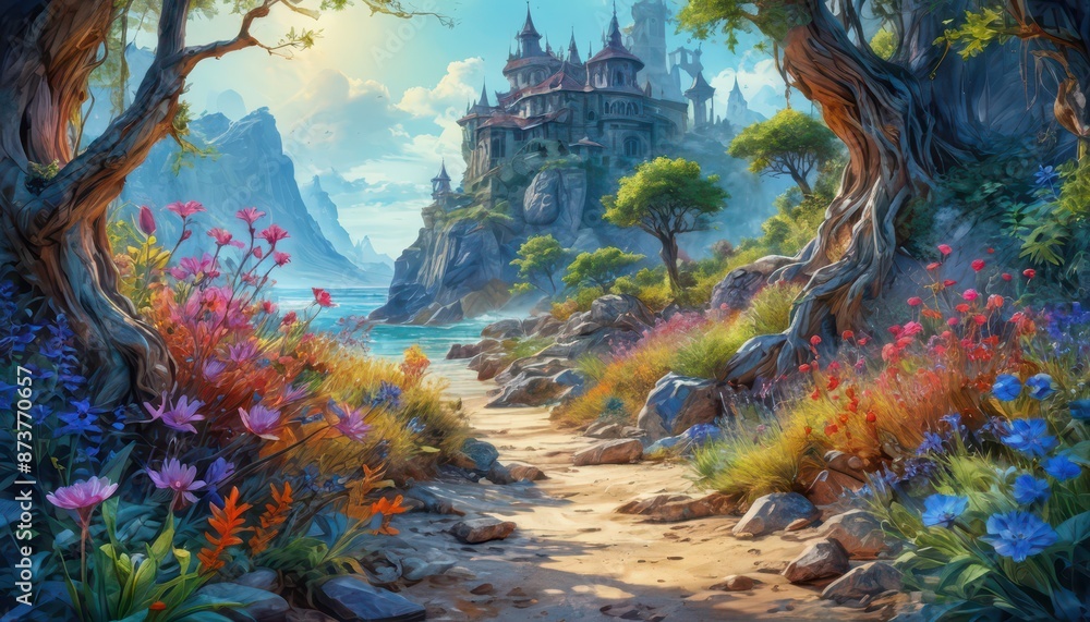 Naklejka premium Enchanting Path to a Magical Castle.