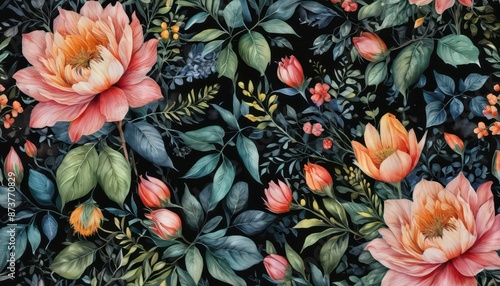 Wallpaper Mural Seamless Floral Pattern with Peach and Coral Flowers. Torontodigital.ca