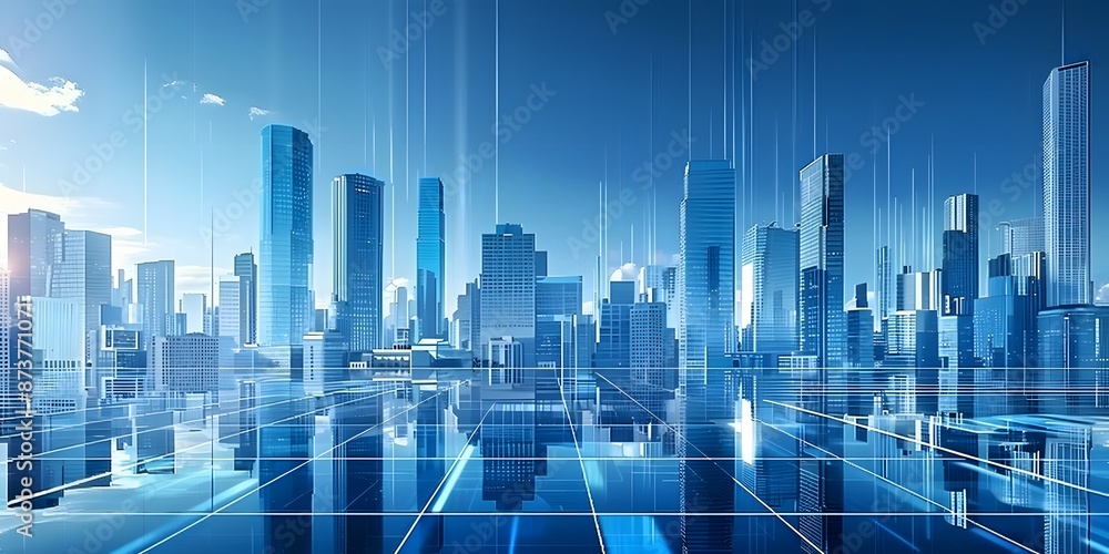 Modern skyscrapers of a smart city, futuristic financial district, graphic perspective of buildings and reflections - Architectural blue background for corporate and business brochure template
Modern skyscrapers of a smart city, futuristic financial district, graphic perspective of buildings and reflections - Architectural blue background for corporate and business brochure template