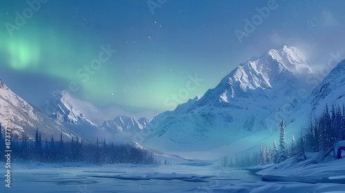 Picturesque view of mountain range covered with snow against blue sky with green aurora borealis in winter. 