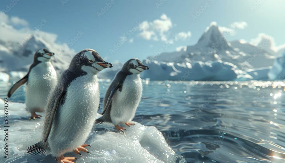 Obraz premium Group of penguins on icy shore, pristine ocean backdrop, unique summer travel, sea wildlife