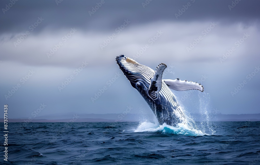 Fototapeta premium A humpback whale breaches the surface of the ocean, with its tail fin raised high in the air.