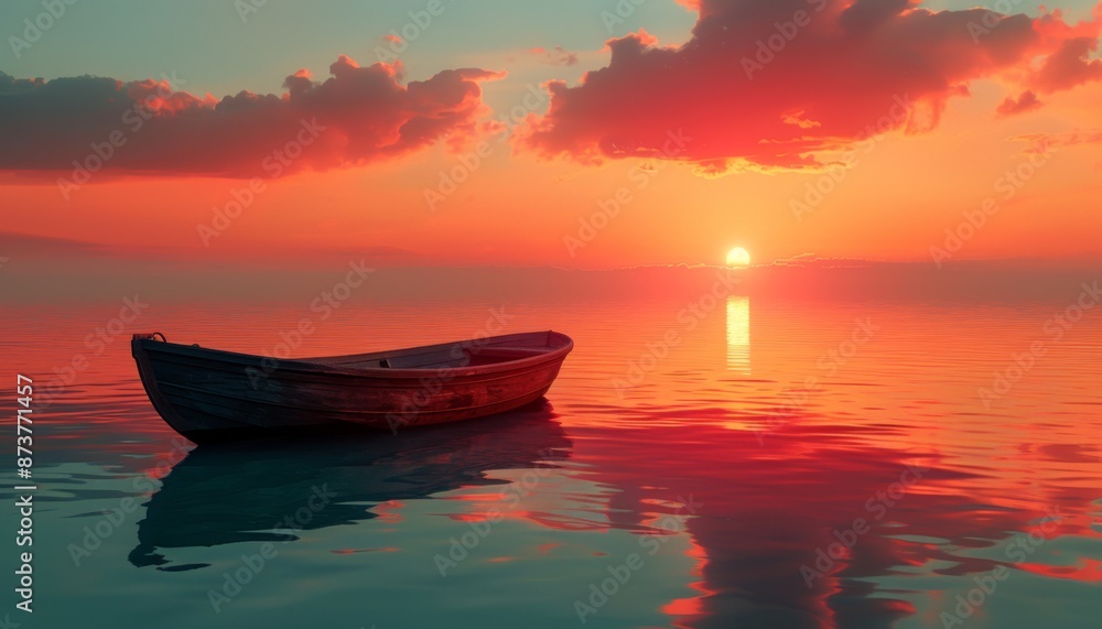 Serene sea sunset with silhouette of a boat, tranquil summer evening coastal travel Serene sea sunset with silhouette of a boat, tranquil summer evening coastal travel