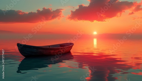 Serene sea sunset with silhouette of a boat, tranquil summer evening coastal travel