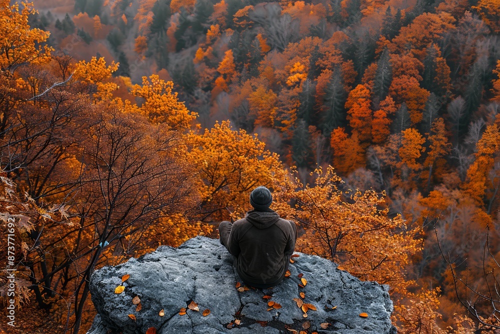 Man, nature trail, sitting alone on a rock, aerial view, autumn leaves, finding peace, mental health journey, serene setting, warm colors. Man, nature trail, sitting alone on a rock, aerial view, autumn leaves, finding peace, mental health journey, serene setting, warm colors.