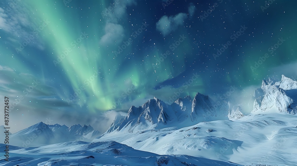 Picturesque view of mountain range covered with snow against blue sky with green aurora borealis in winter. Picturesque view of mountain range covered with snow against blue sky with green aurora borealis in winter.