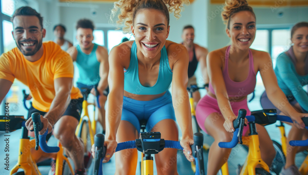 People in sportswear happily pedal exercise bikes in the gym, showing toned muscles People in sportswear happily pedal exercise bikes in the gym, showing toned muscles