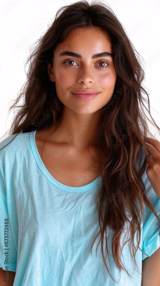 5. Cheerful Latin American woman with long wavy hair, wearing a light blue loose t-shirt, posing with one hand on her hip and the other holding the hem of the shirt, isolated on white background 5. Cheerful Latin American woman with long wavy hair, wearing a light blue loose t-shirt, posing with one hand on her hip and the other holding the hem of the shirt, isolated on white background