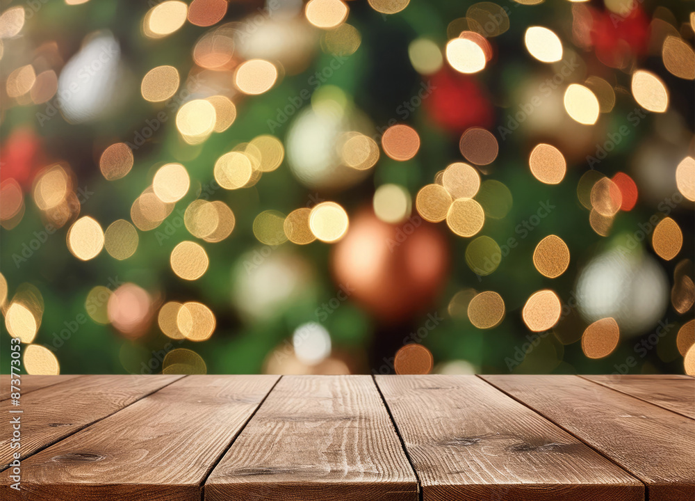 Empty wood table with blurred bokeh lighting in living room interior decorated for Christmas Empty wood table with blurred bokeh lighting in living room interior decorated for Christmas