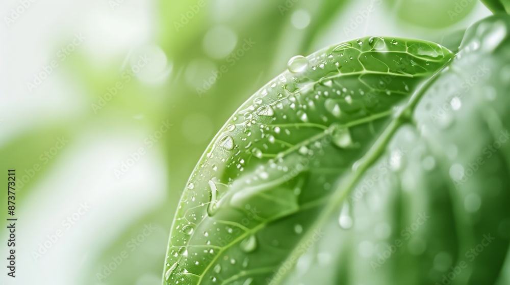 Fototapeta premium Extreme close-up of wet kiwi plant leaves, soft white blurry background, rain drops, vibrant and exotic composition.