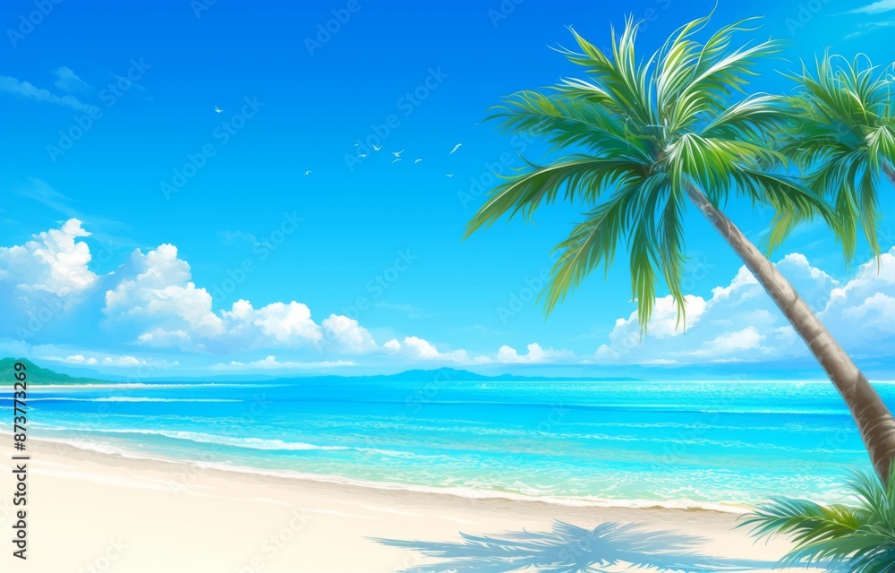 Fototapeta premium Serene Beach Vector Illustration with Palm Trees and White Sand