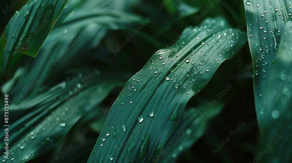 Extreme close-up of wet lily plant leaves, soft blur background, rain drops, delicate and fresh composition. Extreme close-up of wet lily plant leaves, soft blur background, rain drops, delicate and fresh composition.