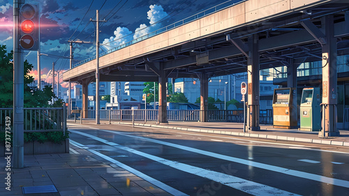 anime illustration background image of a cityscape with a skytrain line