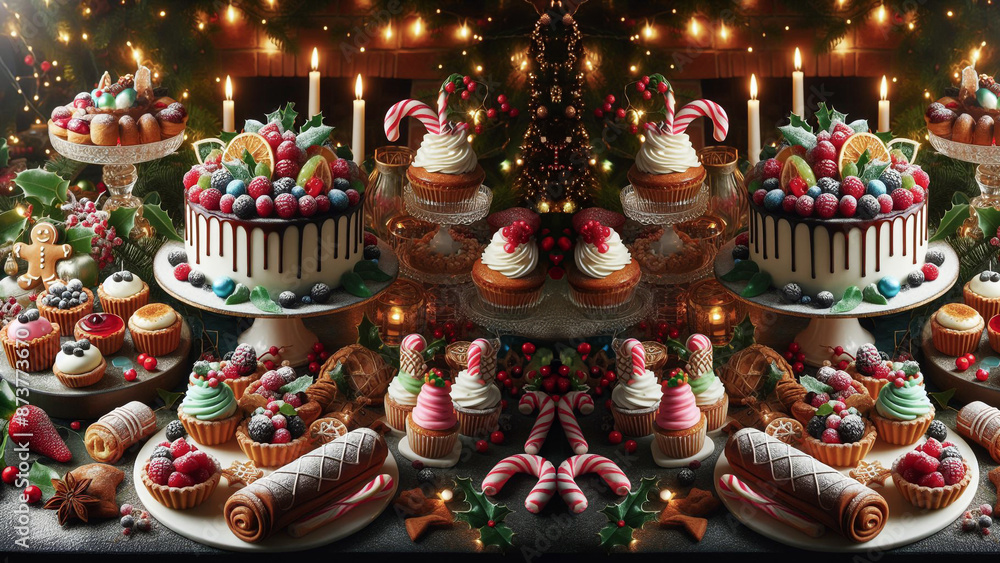 Naklejka premium A delightful selection of Christmas cake, bread and pastries, showcasing seasonal treats perfect for holiday celebrations