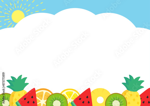 夏の空と夏のフルーツの背景イラスト、夏休みやアウトドアのイメージ02