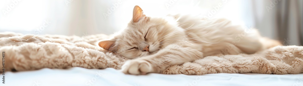 Serene white cat sleeping on a soft, clean blanket in a bright room, Cat, Peaceful and Clean concept Serene white cat sleeping on a soft, clean blanket in a bright room, Cat, Peaceful and Clean concept