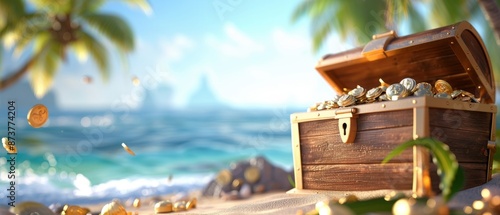 Treasure chest full of gold, set on a beach with palm trees and a crystal clear ocean, Tropical Treasure Chest, Hidden Wealth Adventure