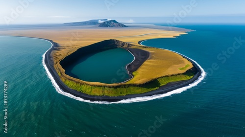 Aerial view of a stunning island with vibrant green landscape surrounded by turquoise waters in a majestic and serene setting.