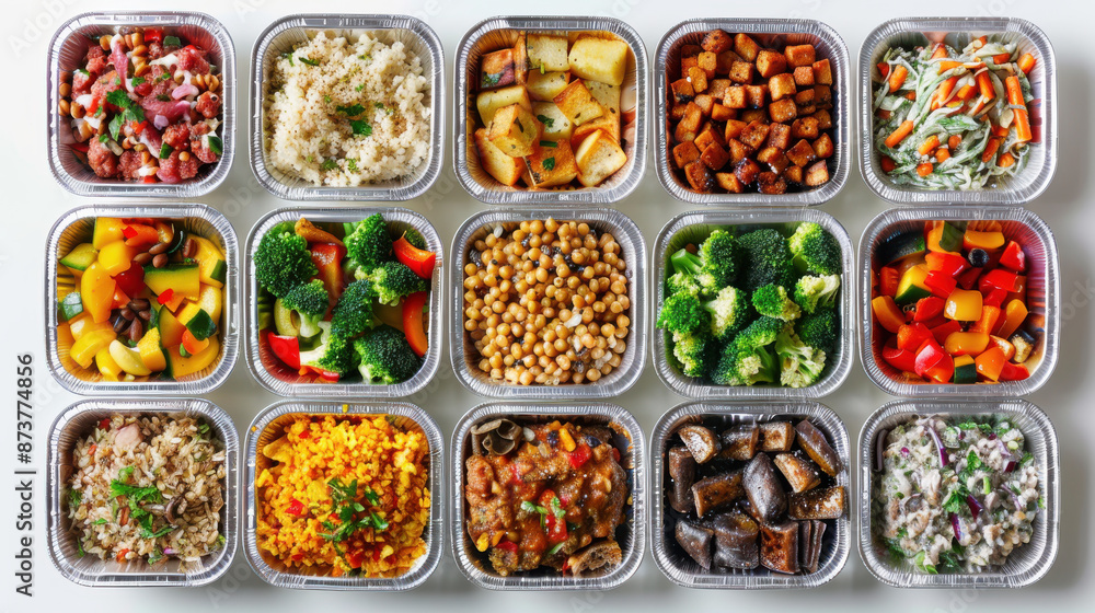 A high-resolution photograph of various packaged meals in aluminum trays, neatly arranged in a grid pattern A high-resolution photograph of various packaged meals in aluminum trays, neatly arranged in a grid pattern