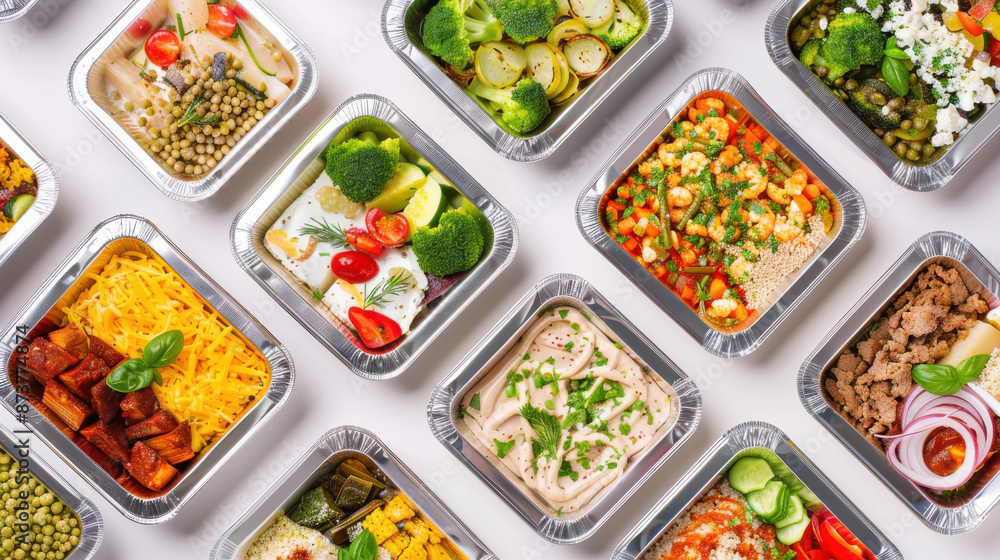 A high-resolution photograph of various packaged meals in aluminum trays, neatly arranged in a grid pattern A high-resolution photograph of various packaged meals in aluminum trays, neatly arranged in a grid pattern