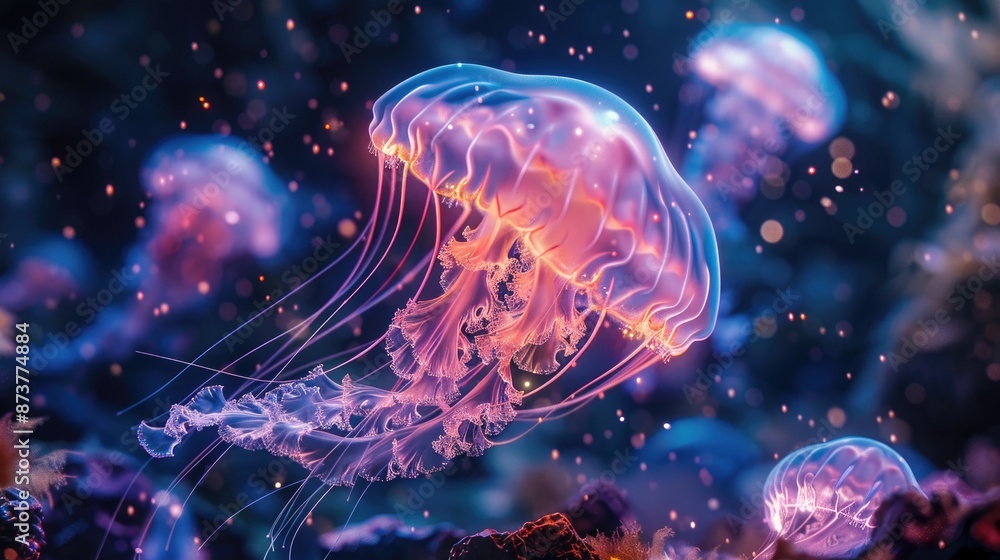 Fototapeta premium Glowing jellyfish in the sea.