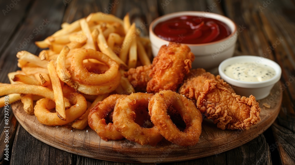Fast food meals. Onion rings, french fries, chicken nuggets and fried chicken on wooden table Fast food meals. Onion rings, french fries, chicken nuggets and fried chicken on wooden table