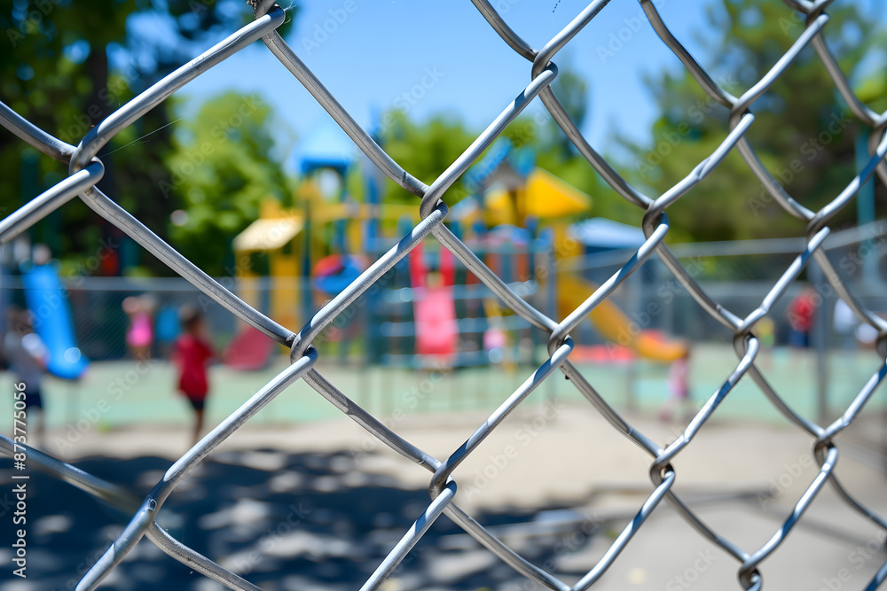 Vibrant playground seen through a chain-link fence Vibrant playground seen through a chain-link fence