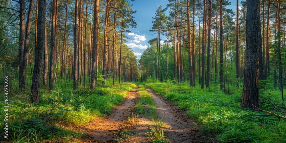 Fototapeta premium Sunlit pathway through a tranquil forest in springtime