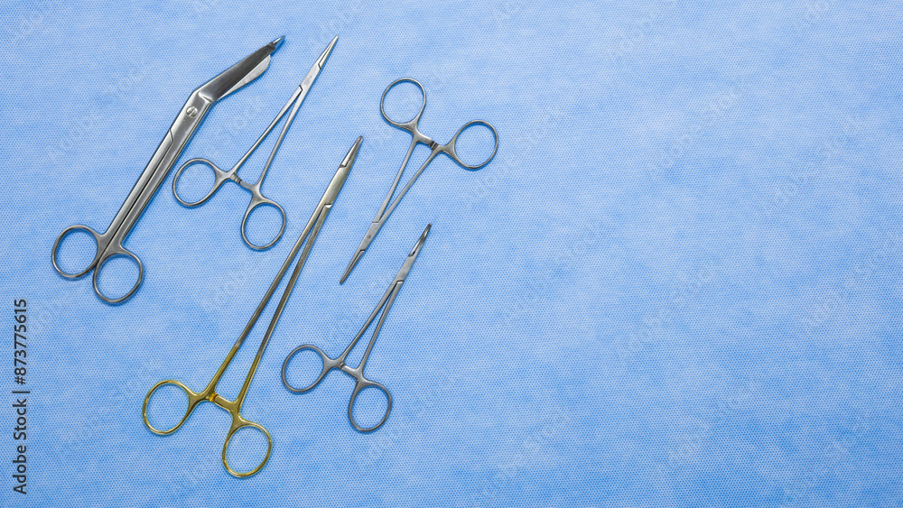 Fototapeta premium Flat lay of stainless forceps medical scissors placed on a blue background. Medical instruments . Medical Surgical Instrument. Equipment used in surgery.