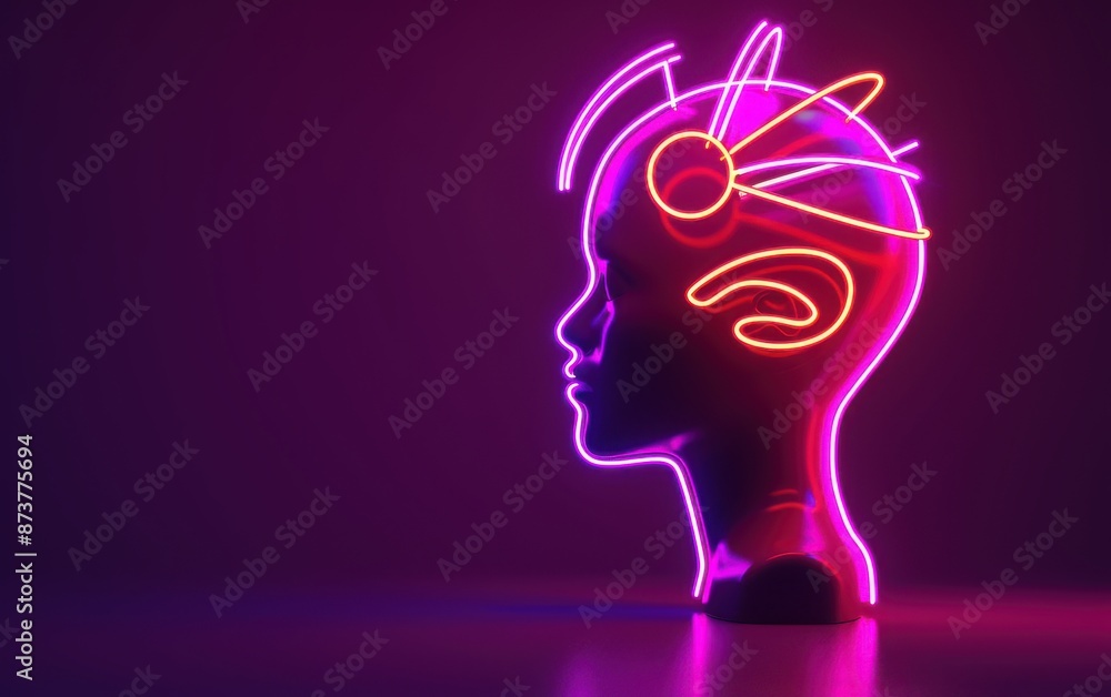 Futuristic neon AI brain display in profile view, glowing in vibrant colors against a dark background. Modern technology and artificial intelligence concept. Futuristic neon AI brain display in profile view, glowing in vibrant colors against a dark background. Modern technology and artificial intelligence concept.
