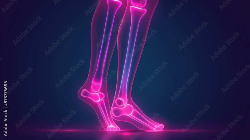 Glowing digital illustration of human leg bones with neon pink light on a dark background. Medical and anatomical concept. Glowing digital illustration of human leg bones with neon pink light on a dark background. Medical and anatomical concept.
