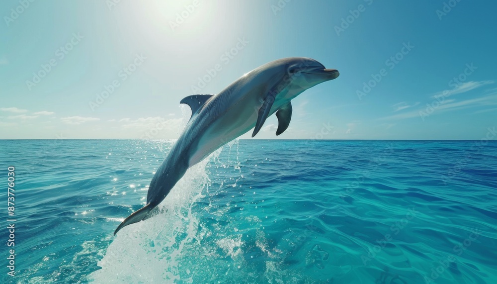 Fototapeta premium Dolphin leaping out of turquoise sea playful summer scene