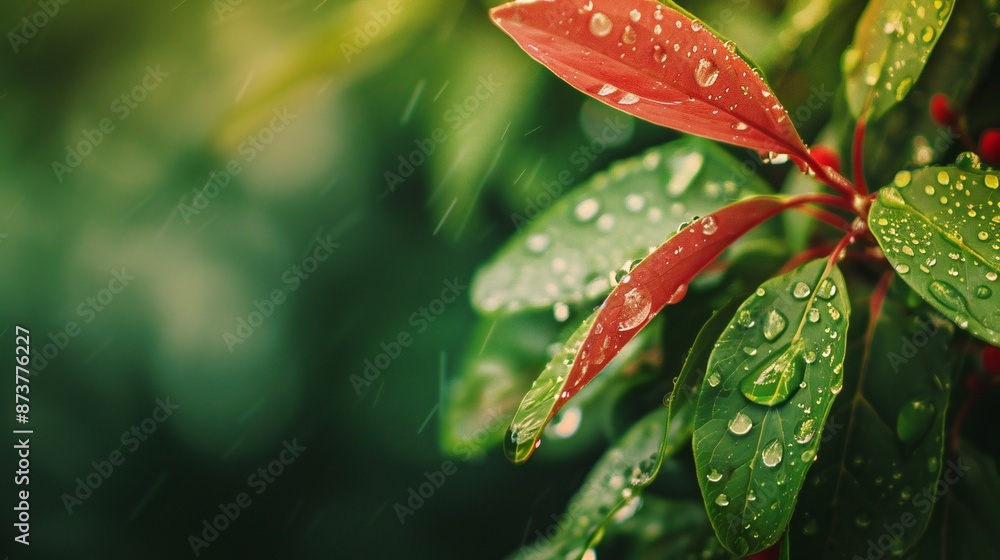 Extreme close-up of wet pomegranate leaves, soft green blurry background, rain drops, lush and fruitful composition. Extreme close-up of wet pomegranate leaves, soft green blurry background, rain drops, lush and fruitful composition.