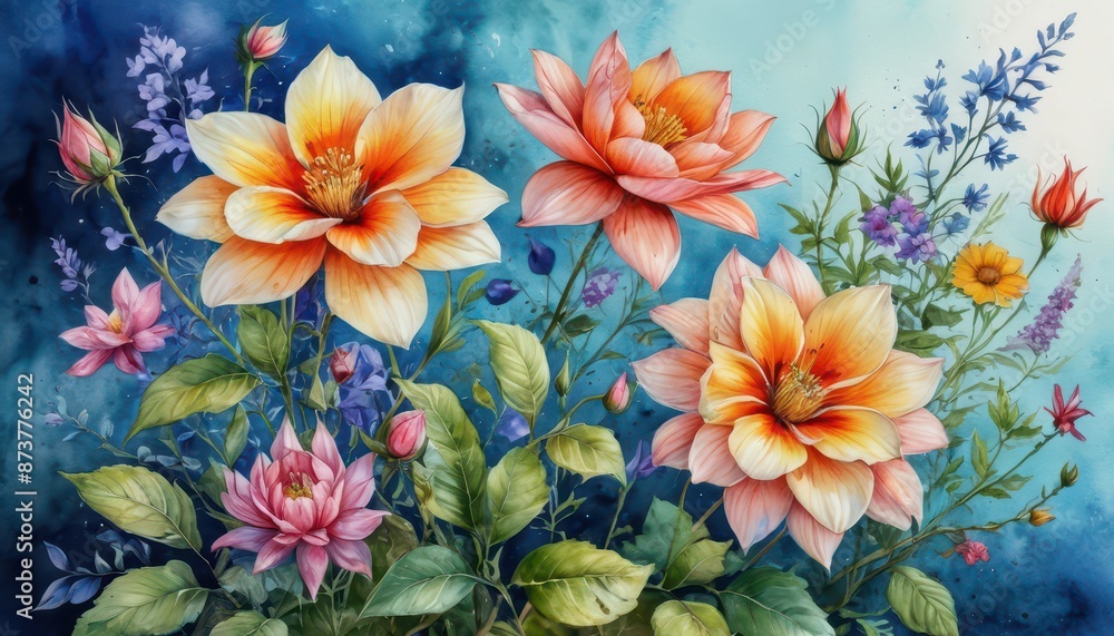 Watercolor Painting of Flowers in Bloom. Watercolor Painting of Flowers in Bloom.