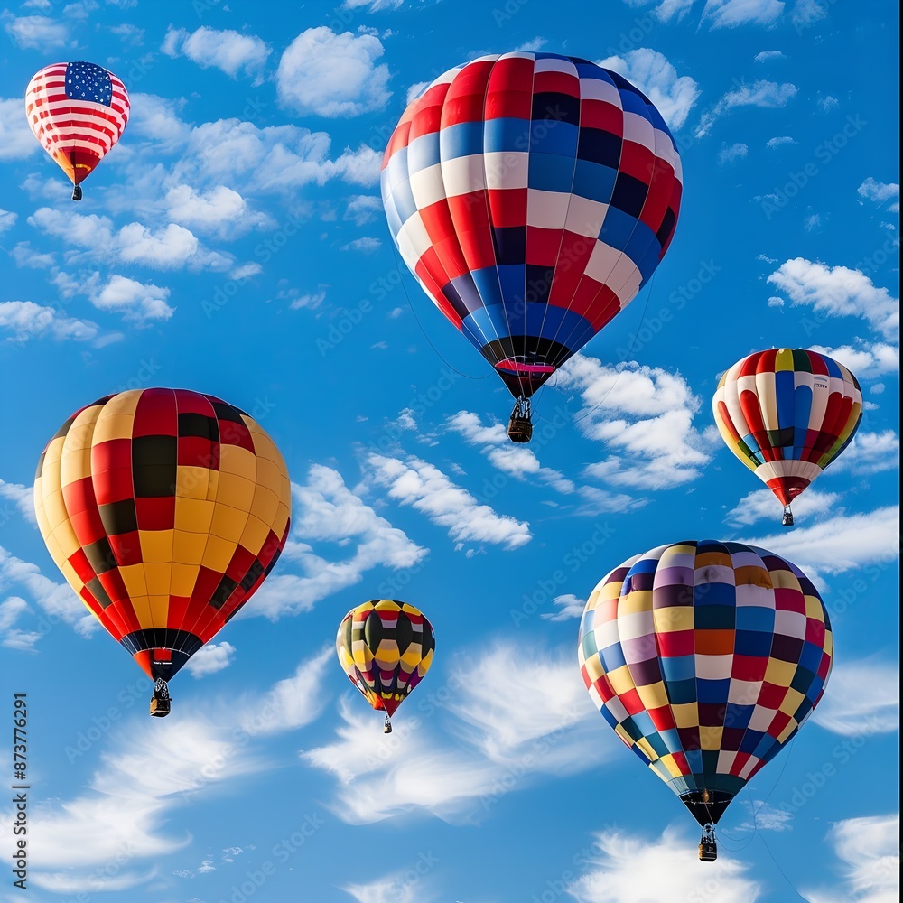 Obraz premium Patriotic Air Balloon Festival with Colorful American Flag Patterned Balloons Soaring Across the Sky