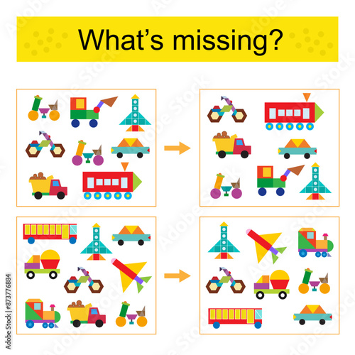 Puzzle game for kids. Task for the development of attention and logic. Find the missing transport. 
