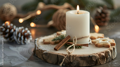 White Christmas candle on rustic wooden boards - Decoration with natural elements, twigs, pine cones and cookies. ai generative