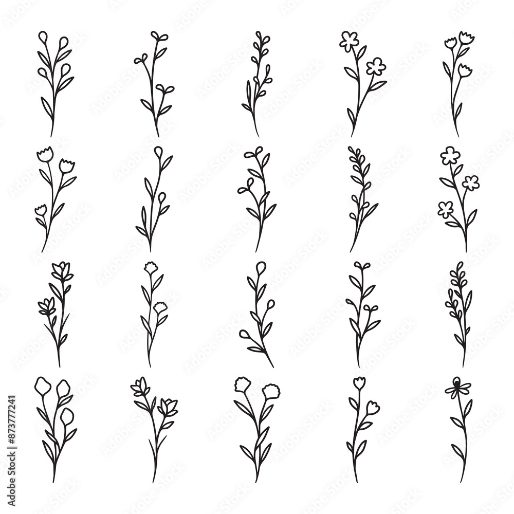 Fototapeta premium Set of plant and flower line art vector