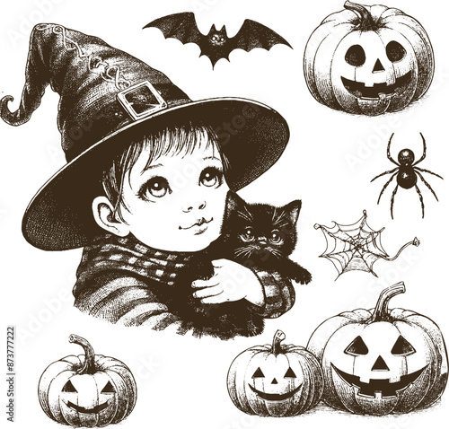 halloween icons vintage set