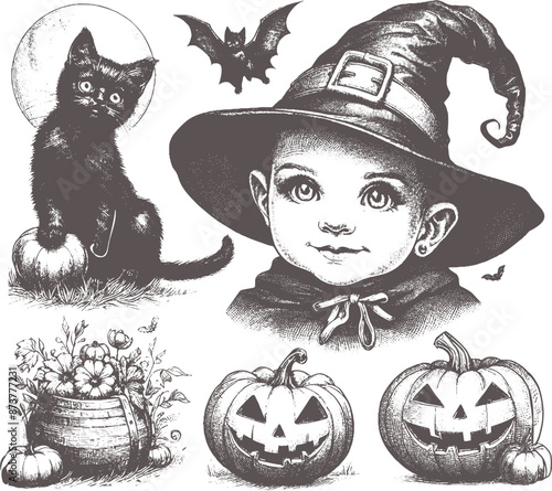 halloween icons vintage set