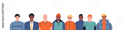 Diverse happy man people group on isolated white background. All men team, modern flat cartoon crowd. Multi-ethnic young boy smiling team.