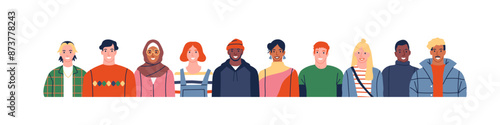 Diverse happy people group on isolated white background. Modern flat cartoon crowd, multi-ethnic men and women smiling team. 