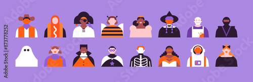 Diverse people in halloween costume illustration. Colorful october party celebration flat cartoon portrait set. Geometric style funny monster group character graphic collection.