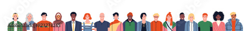 Diverse happy people group on isolated white background. Modern flat cartoon crowd, multi-ethnic men and women smiling team. 