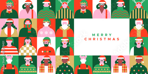 Diverse christmas people web template illustration. Colorful xmas party celebration flat cartoon invitation banner. Geometric style funny winter season group, holiday character greeting card.