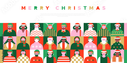 Diverse christmas people web template illustration. Colorful xmas party celebration flat cartoon invitation banner. Geometric style funny winter season group, holiday character greeting card.