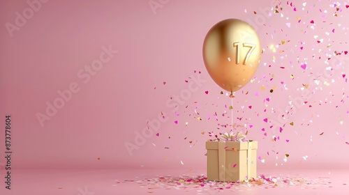 Elegant Golden Balloon and Confetti Celebration on Pastel Pink Background photo