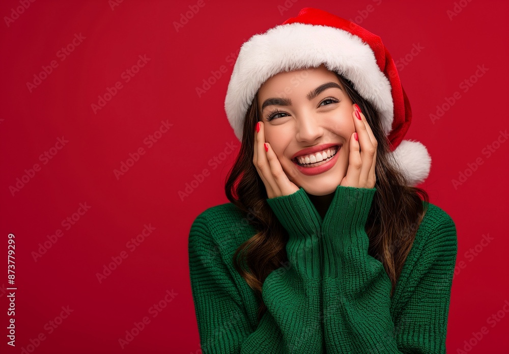 Portrait of a laughing happy woman in a green sweater and santa hat on a red background Portrait of a laughing happy woman in a green sweater and santa hat on a red background